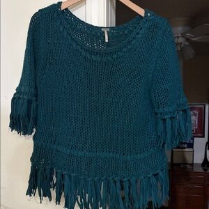 Free People Teal Open-Knit Fringe Scoop Sweater
